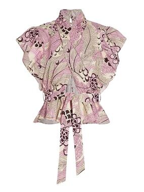 DEREK LAM 10 CROSBY Brynn Ruffle Top Pink Floral Tie-Waist Flutter Sleeve Blouse